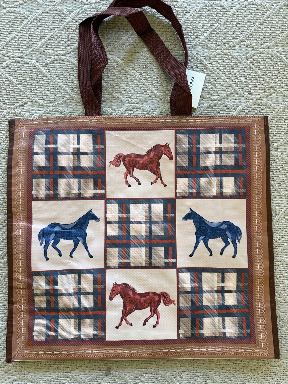Equestrian Horses Plaid Reusable Shopping Tote Bag NEW